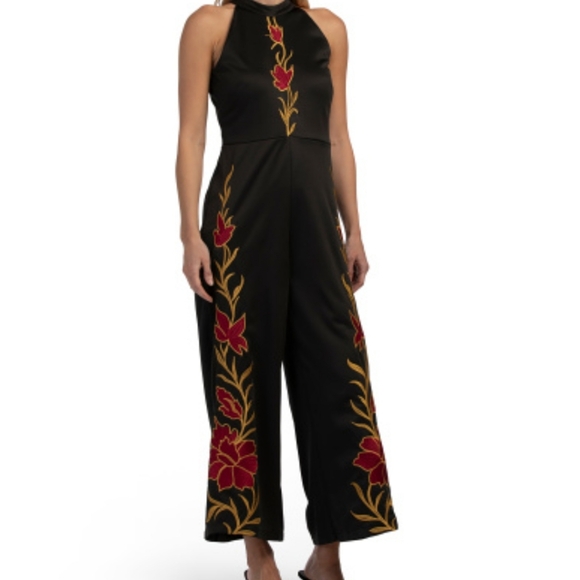 Dalia Macphee Pants - Dalia MacPhee Black Halter Jumpsuit with Red Floral Embroidery XL